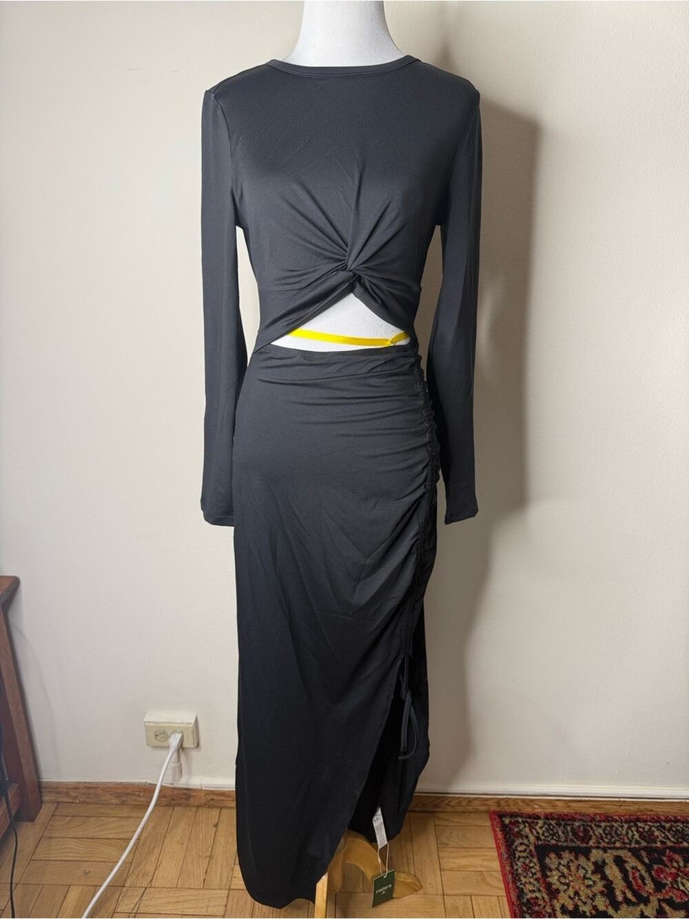 Halara Black Cut Out Ruched Drawstring Hem Bodycon Maxi Dress